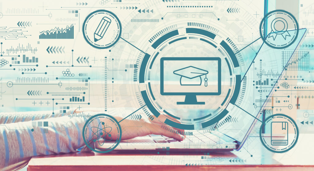 E-learning concept with woman working on a laptop in brightly lit room